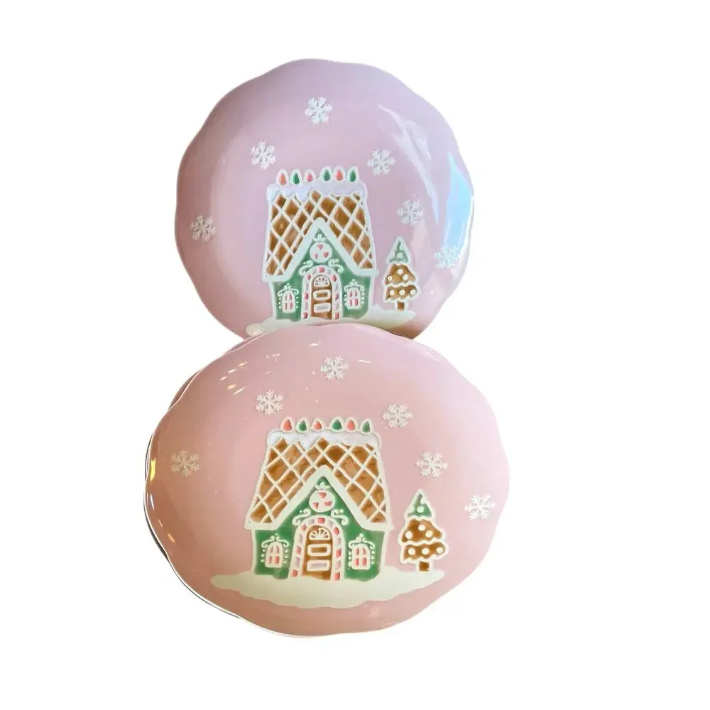 4pc Eli + Ana PINK GINGERBREAD HOUSE Dinner Plates 10.5in Ceramic Pinkmas NEW